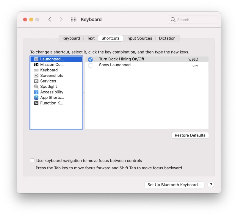 menu window on keyboard shortcuts in macos
