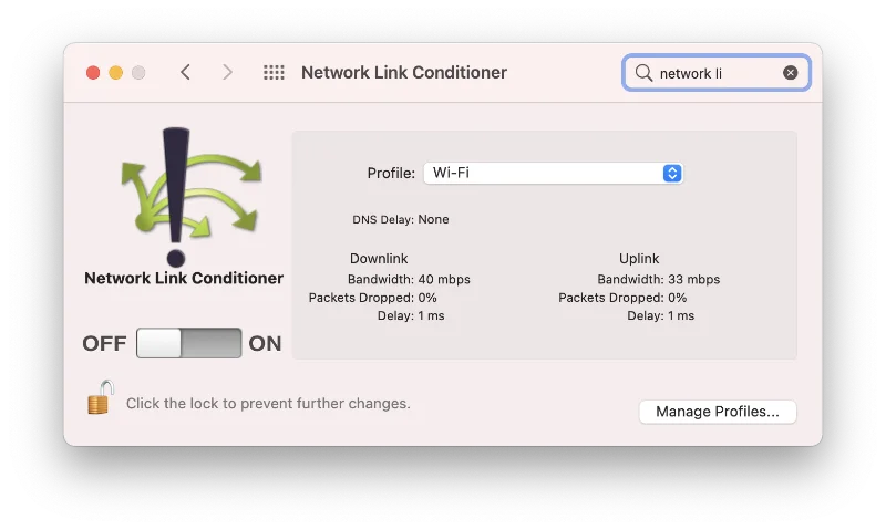 network conditioner preference pane